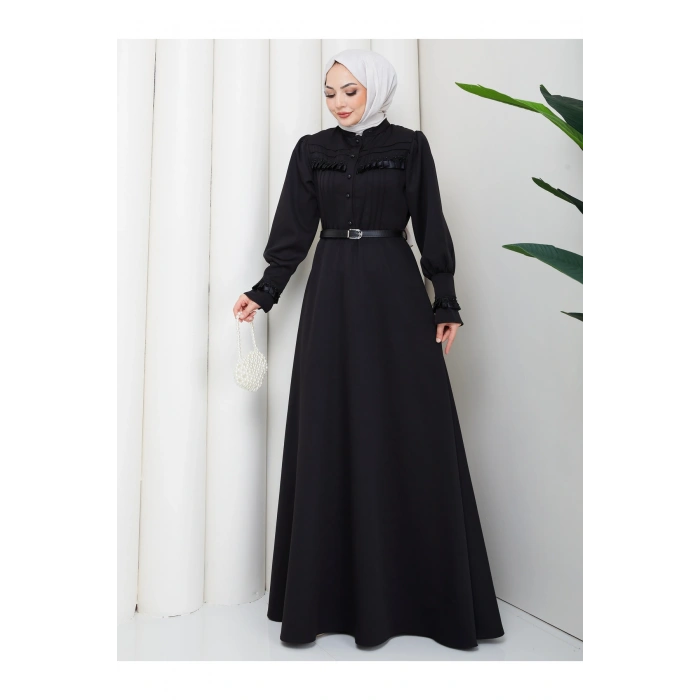 KADAN FIRFIR DETAYLI DERİ KEMERLİ TESETTÜR ELBİSE