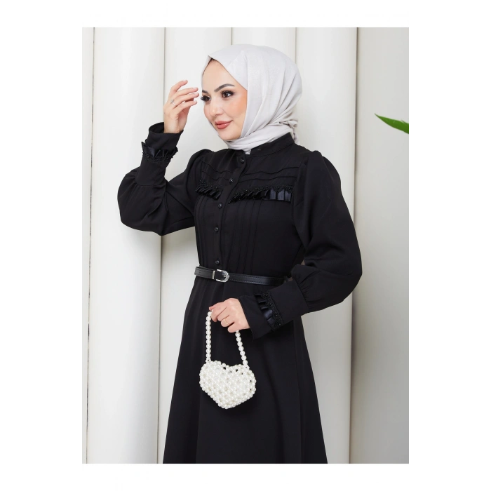 KADAN FIRFIR DETAYLI DERİ KEMERLİ TESETTÜR ELBİSE