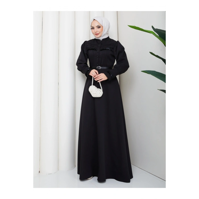 KADAN FIRFIR DETAYLI DERİ KEMERLİ TESETTÜR ELBİSE