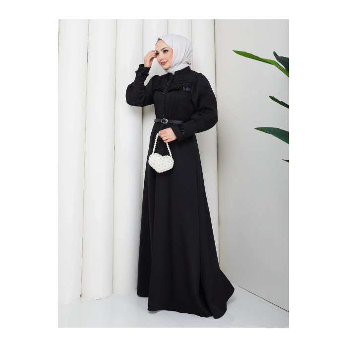KADAN FIRFIR DETAYLI DERİ KEMERLİ TESETTÜR ELBİSE