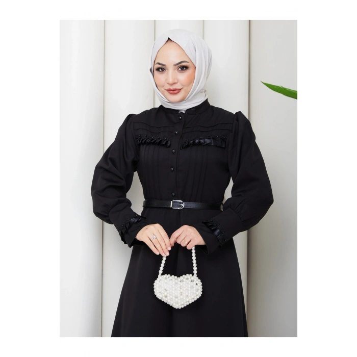 KADAN FIRFIR DETAYLI DERİ KEMERLİ TESETTÜR ELBİSE