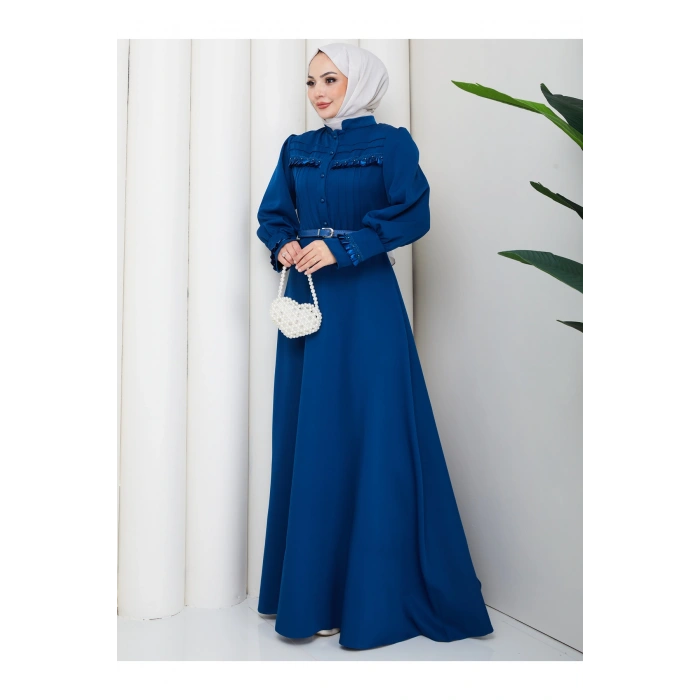 KADAN FIRFIR DETAYLI DERİ KEMERLİ TESETTÜR ELBİSE