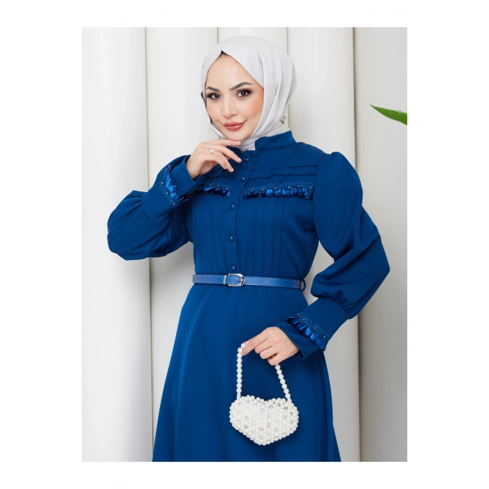 KADAN FIRFIR DETAYLI DERİ KEMERLİ TESETTÜR ELBİSE