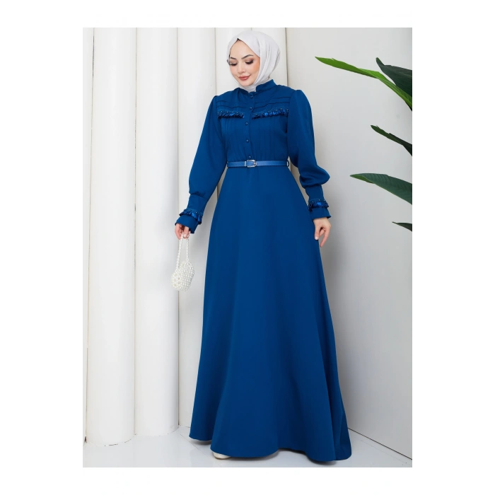 KADAN FIRFIR DETAYLI DERİ KEMERLİ TESETTÜR ELBİSE