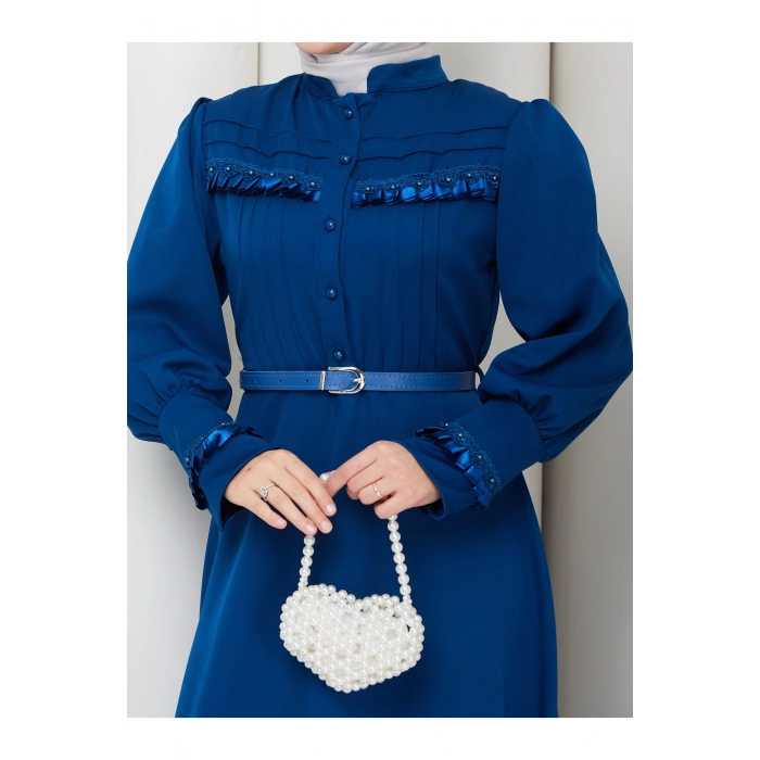 KADAN FIRFIR DETAYLI DERİ KEMERLİ TESETTÜR ELBİSE