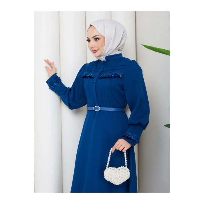 KADAN FIRFIR DETAYLI DERİ KEMERLİ TESETTÜR ELBİSE