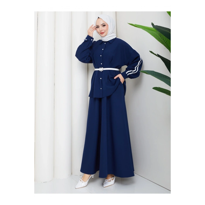 Kadın beyaz şeritli detaylı ceket etekli takım ikili