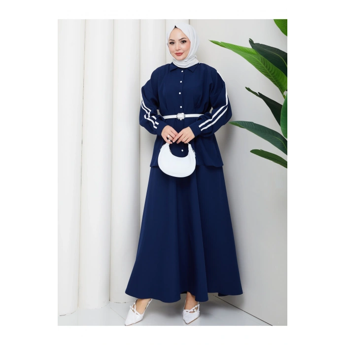 Kadın beyaz şeritli detaylı ceket etekli takım ikili