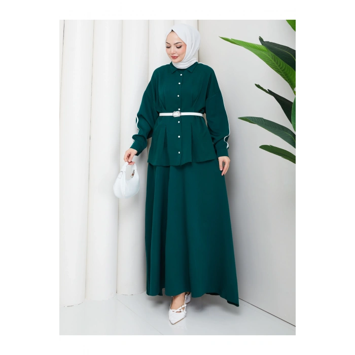 Kadın beyaz şeritli detaylı ceket etekli takım ikili