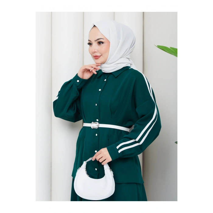 Kadın beyaz şeritli detaylı ceket etekli takım ikili