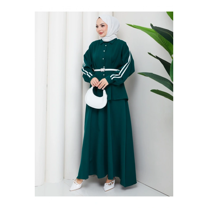 Kadın beyaz şeritli detaylı ceket etekli takım ikili