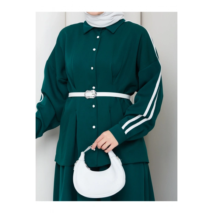 Kadın beyaz şeritli detaylı ceket etekli takım ikili