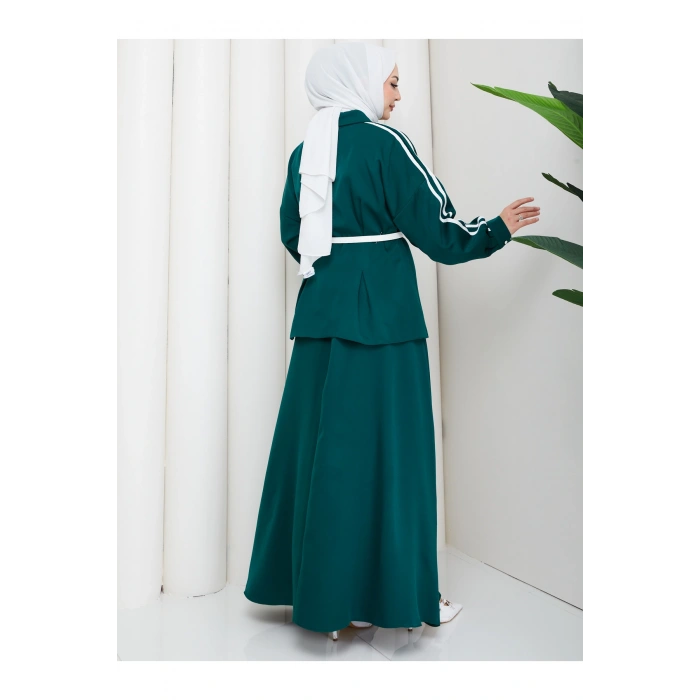 Kadın beyaz şeritli detaylı ceket etekli takım ikili