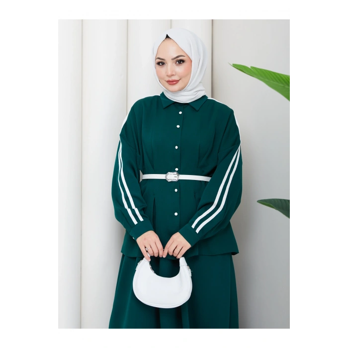 Kadın beyaz şeritli detaylı ceket etekli takım ikili