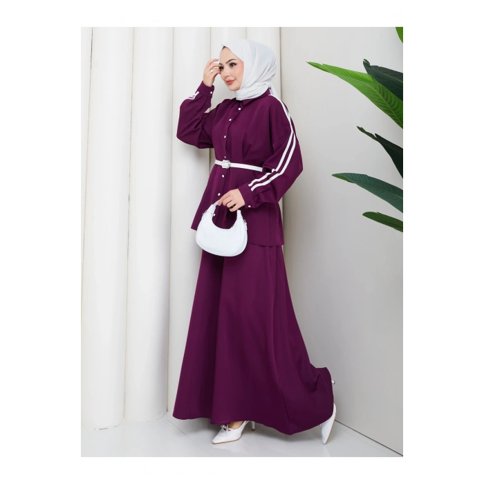 Kadın beyaz şeritli detaylı ceket etekli takım ikili