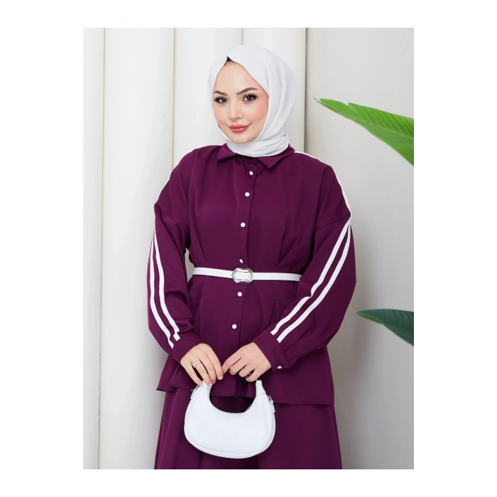 Kadın beyaz şeritli detaylı ceket etekli takım ikili