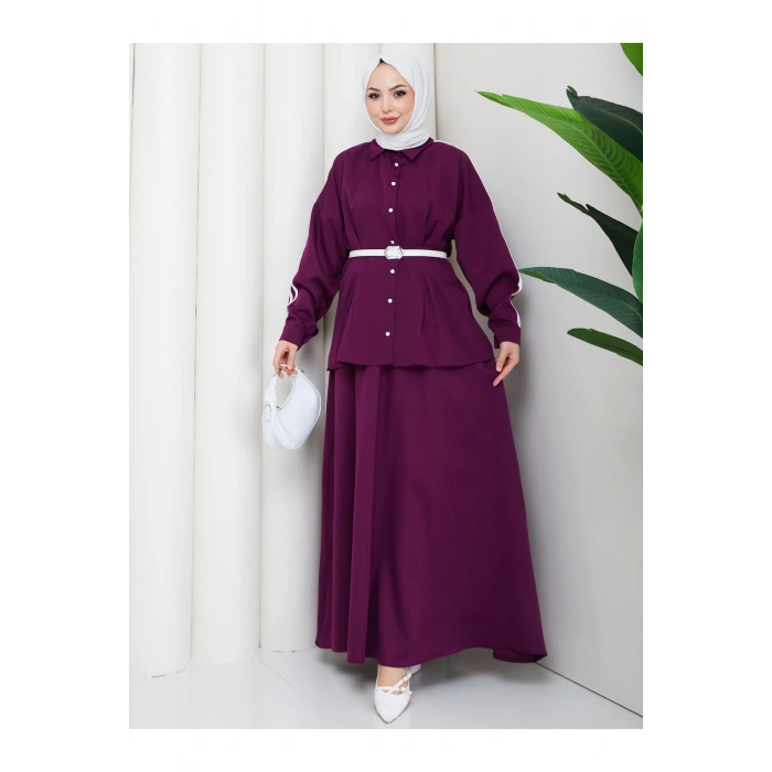 Kadın beyaz şeritli detaylı ceket etekli takım ikili