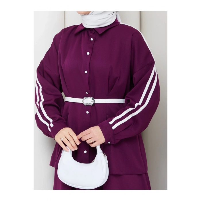 Kadın beyaz şeritli detaylı ceket etekli takım ikili