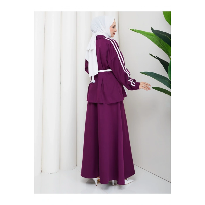 Kadın beyaz şeritli detaylı ceket etekli takım ikili