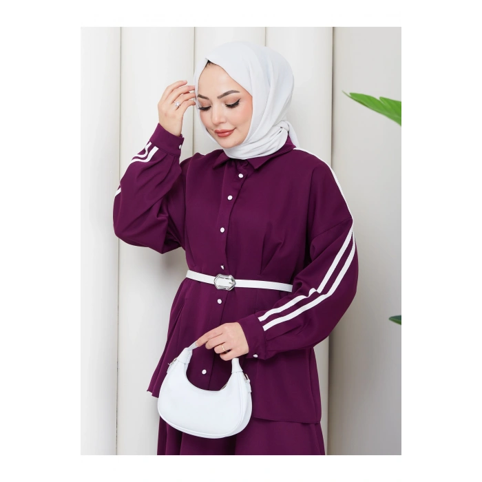 Kadın beyaz şeritli detaylı ceket etekli takım ikili