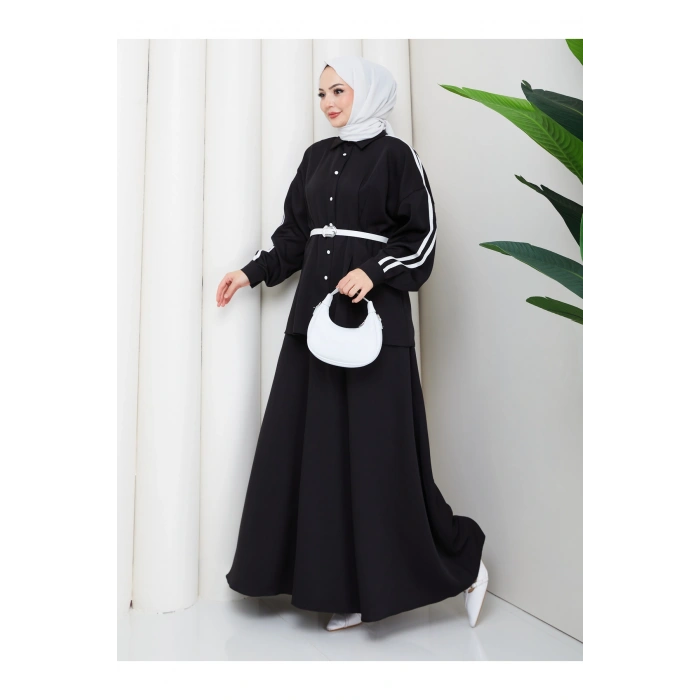 Kadın beyaz şeritli detaylı ceket etekli takım ikili