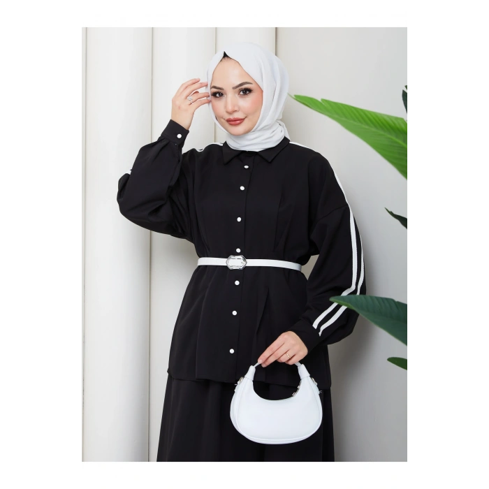 Kadın beyaz şeritli detaylı ceket etekli takım ikili