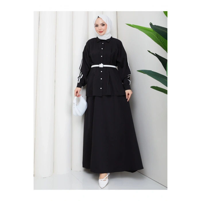 Kadın beyaz şeritli detaylı ceket etekli takım ikili