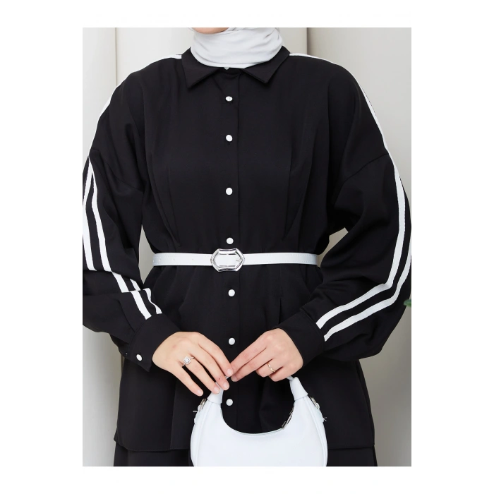 Kadın beyaz şeritli detaylı ceket etekli takım ikili