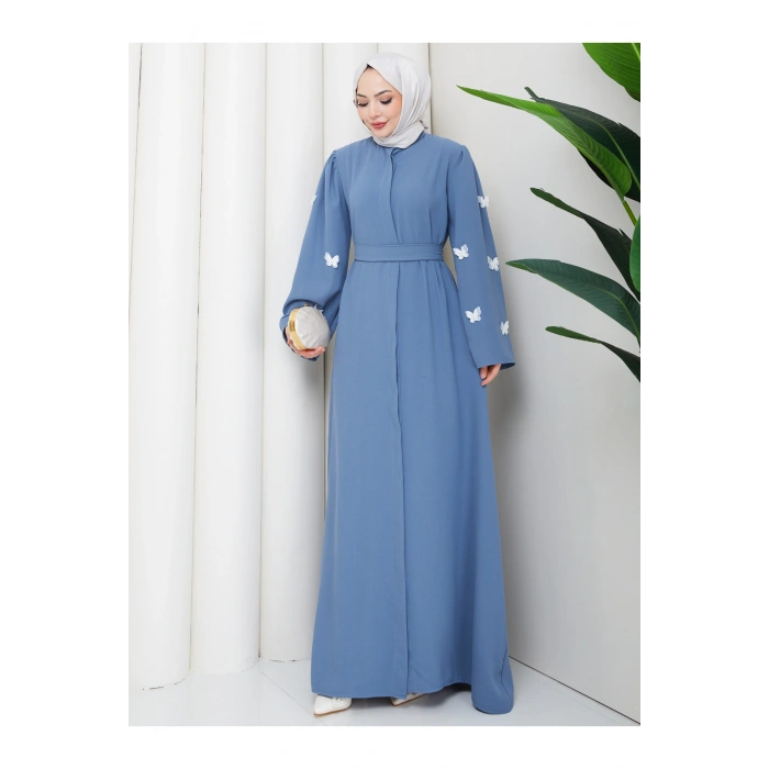KOLU KELEBEK İŞLEMLİ ABAYA TESETTÜR GIYIM KADIN FERACE ELBISE