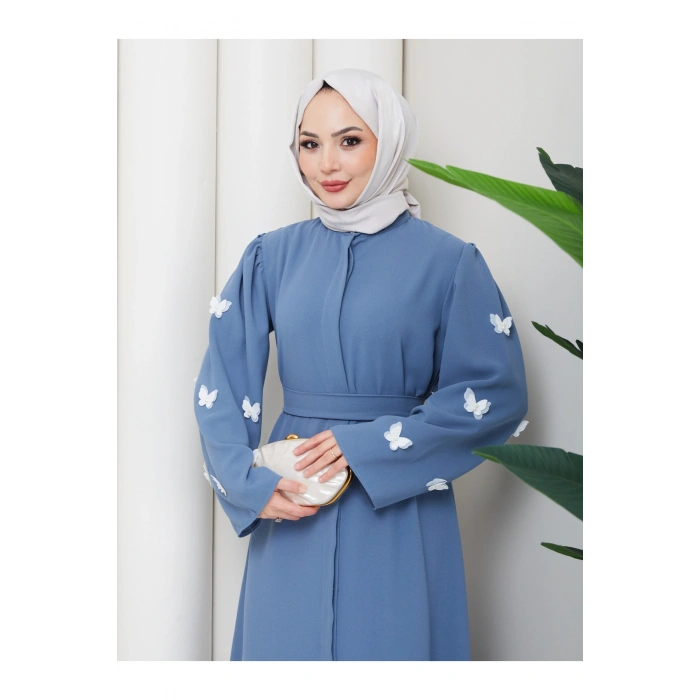 KOLU KELEBEK İŞLEMLİ ABAYA TESETTÜR GIYIM KADIN FERACE ELBISE