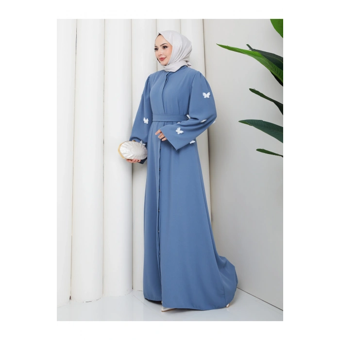 KOLU KELEBEK İŞLEMLİ ABAYA TESETTÜR GIYIM KADIN FERACE ELBISE