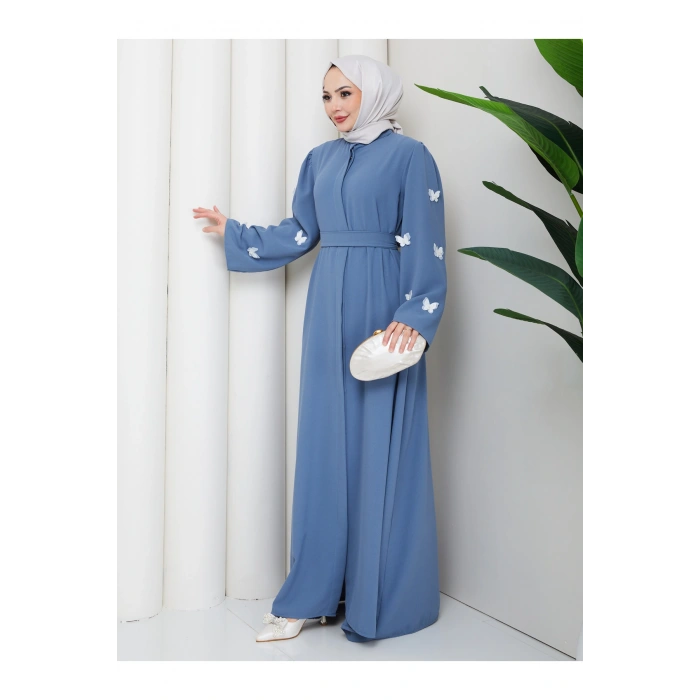 KOLU KELEBEK İŞLEMLİ ABAYA TESETTÜR GIYIM KADIN FERACE ELBISE