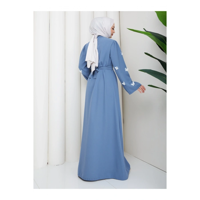 KOLU KELEBEK İŞLEMLİ ABAYA TESETTÜR GIYIM KADIN FERACE ELBISE