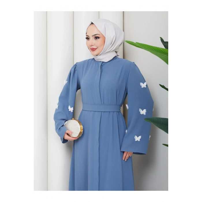 KOLU KELEBEK İŞLEMLİ ABAYA TESETTÜR GIYIM KADIN FERACE ELBISE