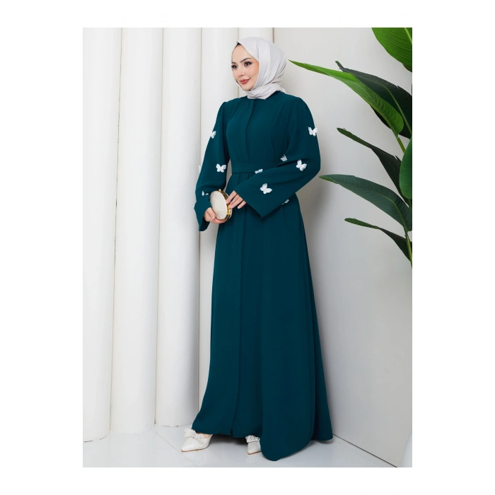 KOLU KELEBEK İŞLEMLİ ABAYA TESETTÜR GIYIM KADIN FERACE ELBISE