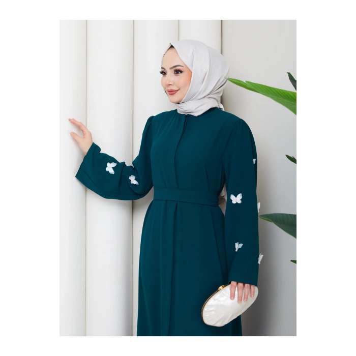 KOLU KELEBEK İŞLEMLİ ABAYA TESETTÜR GIYIM KADIN FERACE ELBISE