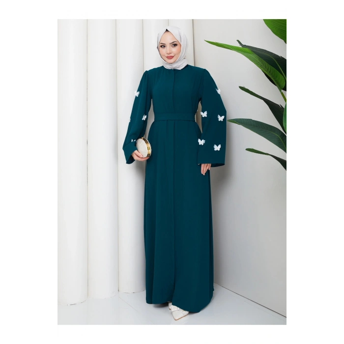 KOLU KELEBEK İŞLEMLİ ABAYA TESETTÜR GIYIM KADIN FERACE ELBISE