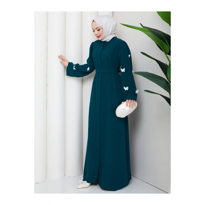 KOLU KELEBEK İŞLEMLİ ABAYA TESETTÜR GIYIM KADIN FERACE ELBISE