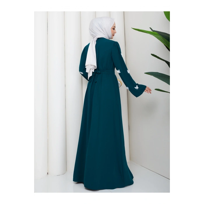 KOLU KELEBEK İŞLEMLİ ABAYA TESETTÜR GIYIM KADIN FERACE ELBISE