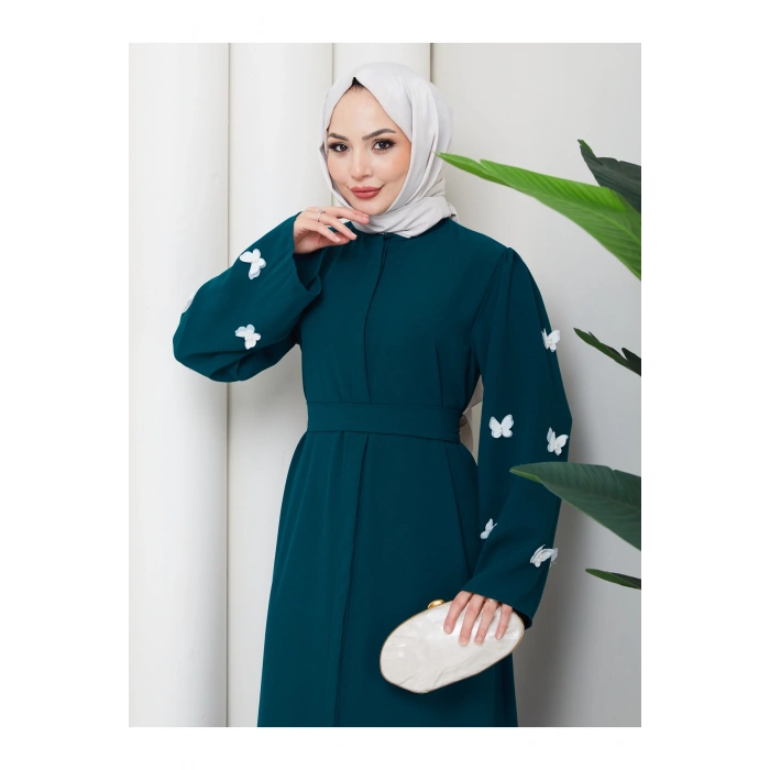 KOLU KELEBEK İŞLEMLİ ABAYA TESETTÜR GIYIM KADIN FERACE ELBISE