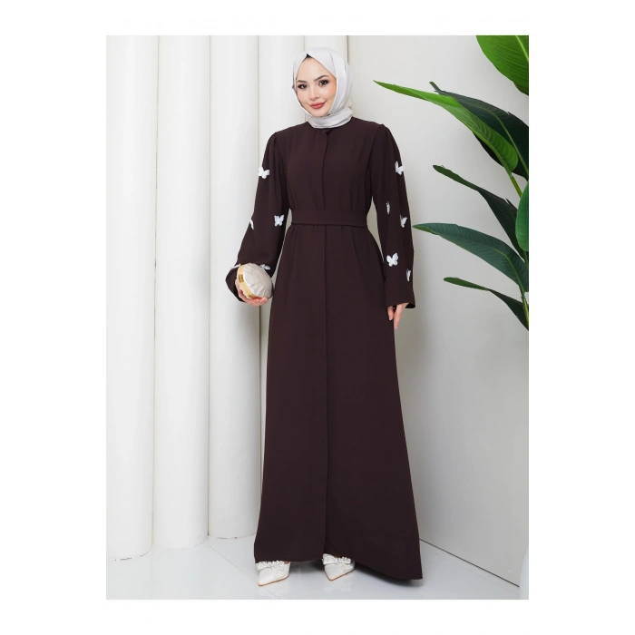 KOLU KELEBEK İŞLEMLİ ABAYA TESETTÜR GIYIM KADIN FERACE ELBISE