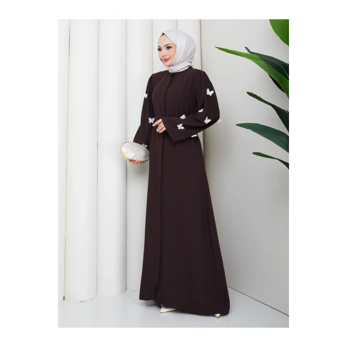 KOLU KELEBEK İŞLEMLİ ABAYA TESETTÜR GIYIM KADIN FERACE ELBISE