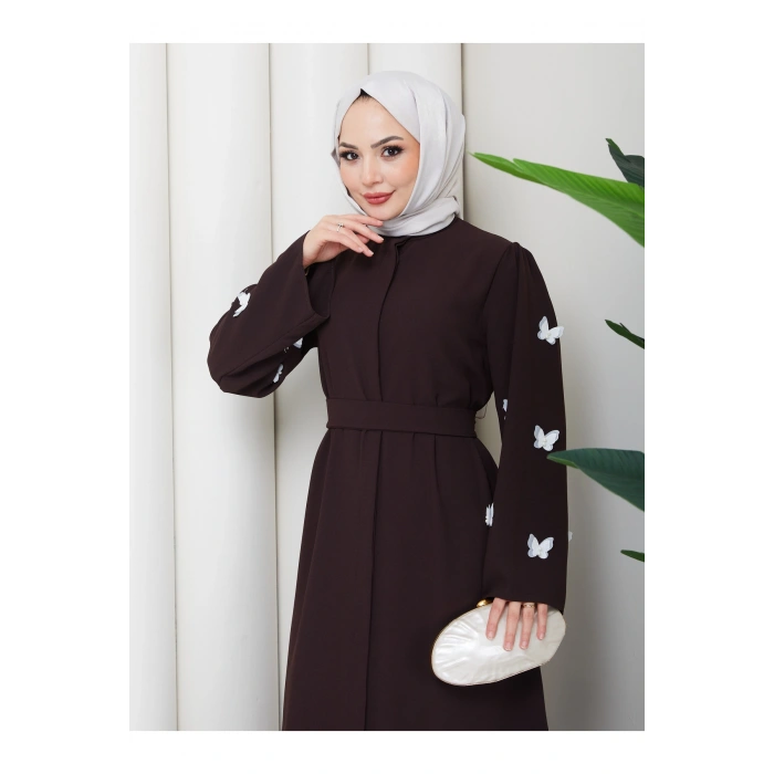 KOLU KELEBEK İŞLEMLİ ABAYA TESETTÜR GIYIM KADIN FERACE ELBISE