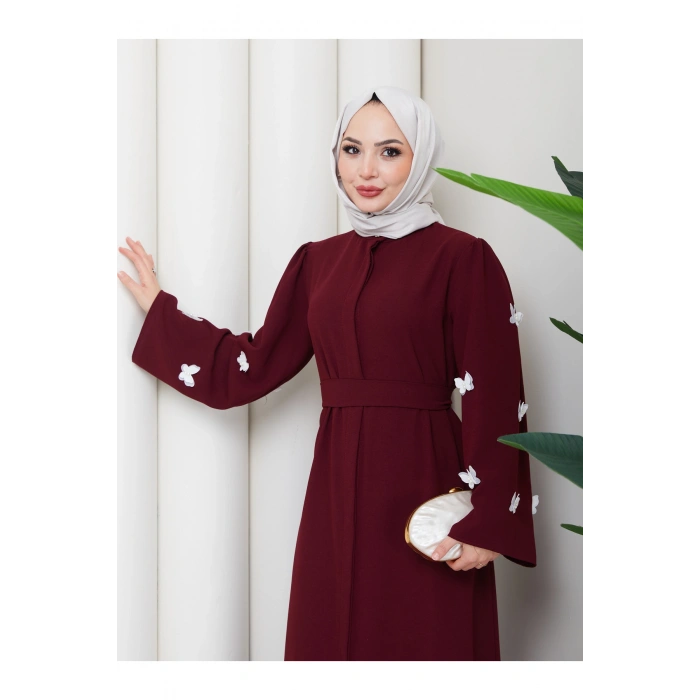 KOLU KELEBEK İŞLEMLİ ABAYA TESETTÜR GIYIM KADIN FERACE ELBISE