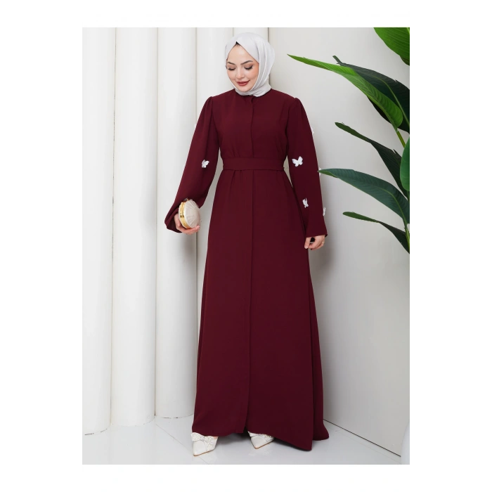 KOLU KELEBEK İŞLEMLİ ABAYA TESETTÜR GIYIM KADIN FERACE ELBISE