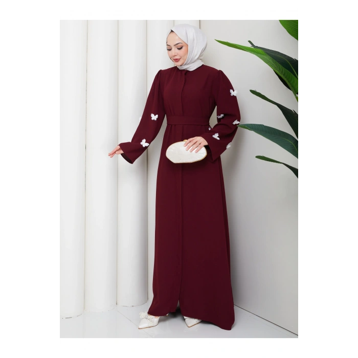 KOLU KELEBEK İŞLEMLİ ABAYA TESETTÜR GIYIM KADIN FERACE ELBISE