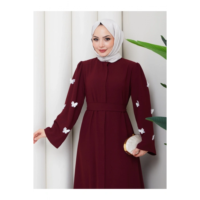 KOLU KELEBEK İŞLEMLİ ABAYA TESETTÜR GIYIM KADIN FERACE ELBISE