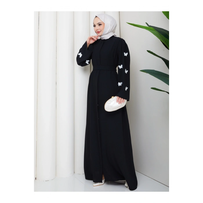 KOLU KELEBEK İŞLEMLİ ABAYA TESETTÜR GIYIM KADIN FERACE ELBISE