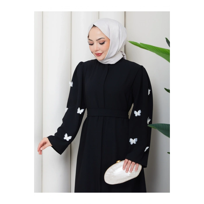 KOLU KELEBEK İŞLEMLİ ABAYA TESETTÜR GIYIM KADIN FERACE ELBISE