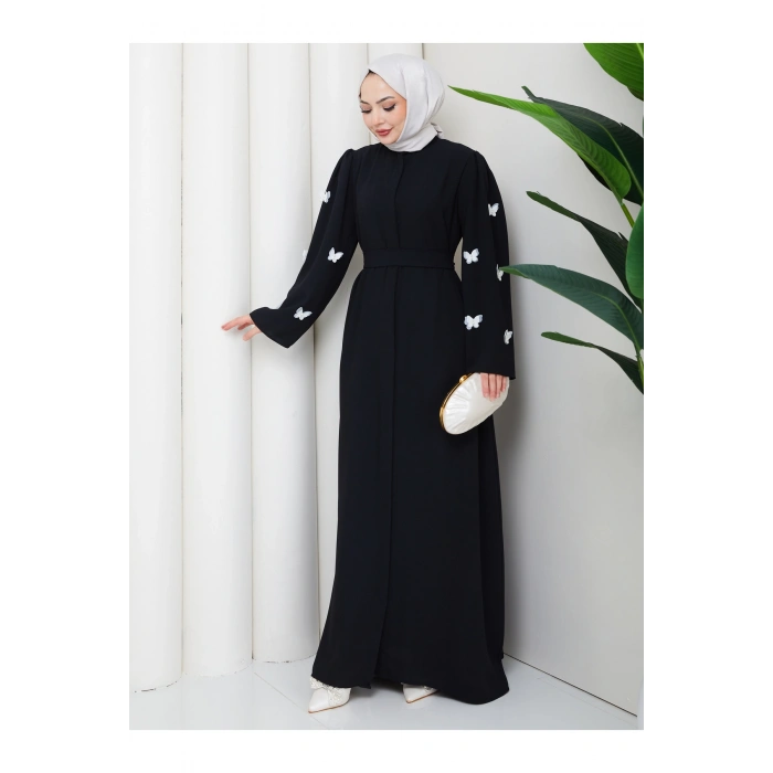 KOLU KELEBEK İŞLEMLİ ABAYA TESETTÜR GIYIM KADIN FERACE ELBISE